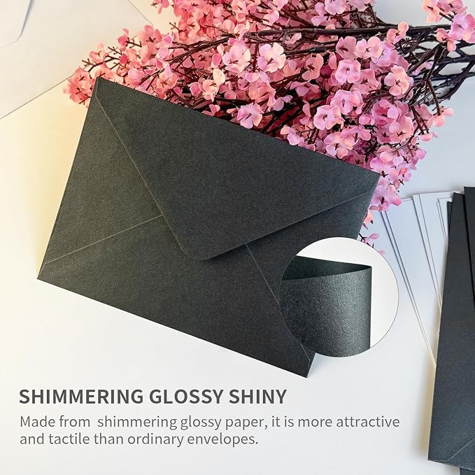 YINUOYOUJIA 50 PCS Pearl Black Envelopes A7, 5 x 7 Black Shimmer Envelopes - Image 5