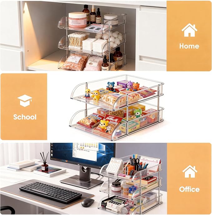 Desk Organizer and Storage, 3-Tier File Paper Tray Organizers, Stackable Clear - Image 6
