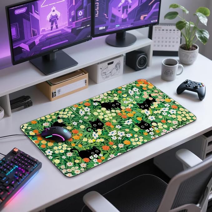 Cute Flower Cat Large Gaming Mouse Pad 31.5"x15.7", Flower XXL Desk Mat - Image 7