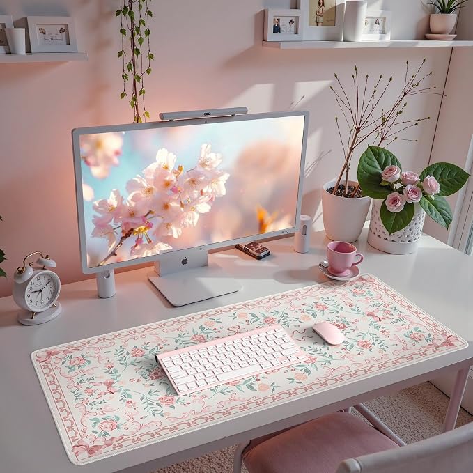 iCasso Pink Desk Mat for Desktop, Cute Desk Pad for Women, Girly Bow Mouse Pad - Image 5