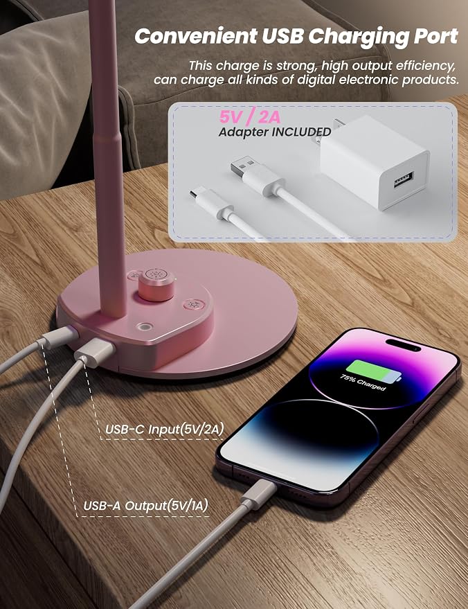 BOHON Cute Desk Lamp with USB Charging Port, 3 Color Modes Dimmable, Flexible - Image 4