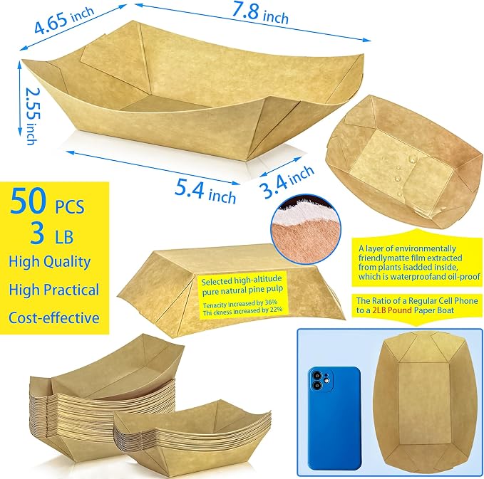 50 Pack 3Lb Paper Food Boat Trays Disposable Paper Boat Plate, Heavy Duty Large - Image 2