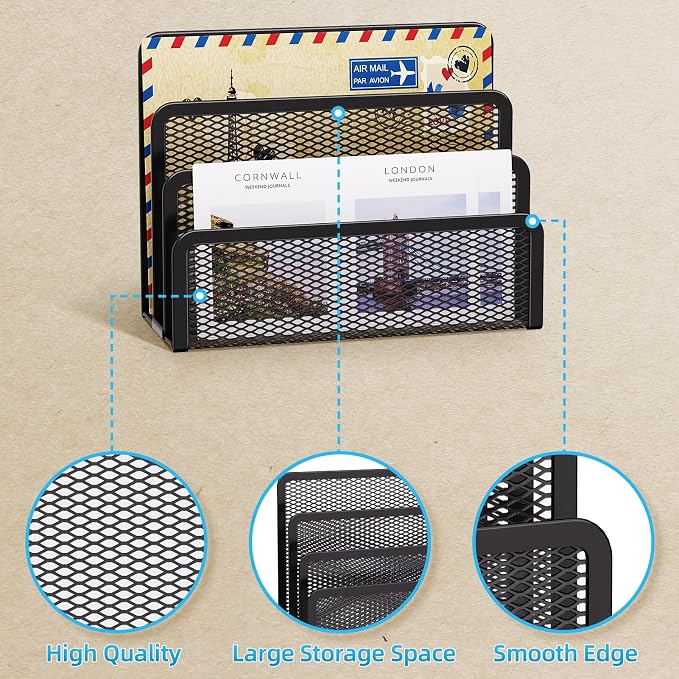 Marbrasse Mail Organizer for Desk, 3-Slot Mesh Metal Mail Holder countertop - Image 3