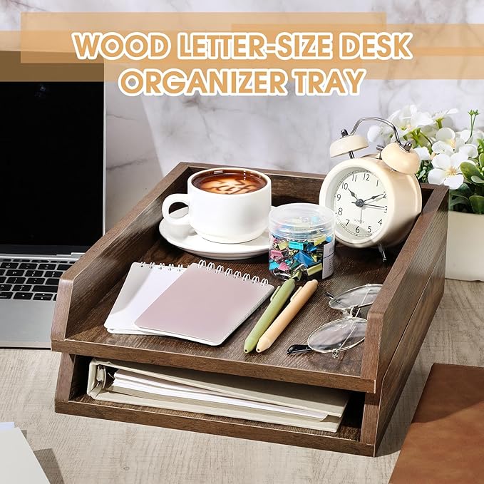 DoubleFill 2 Pcs Wooden Letter Trays 2 Tier Desktop Paper Organizer Wood - Image 3