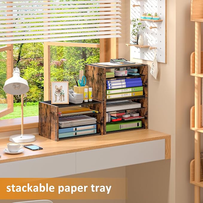 DAOUTIME 3-Tier Paper Letter Tray, Wooden Desk File Organizer, Stackable Metal - Image 7