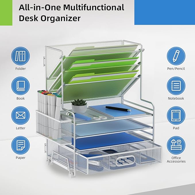 MINDEPOT 4-Tier Paper Organizer + 3-Pocket File Holder + Drawer + Pen Holders - Image 4