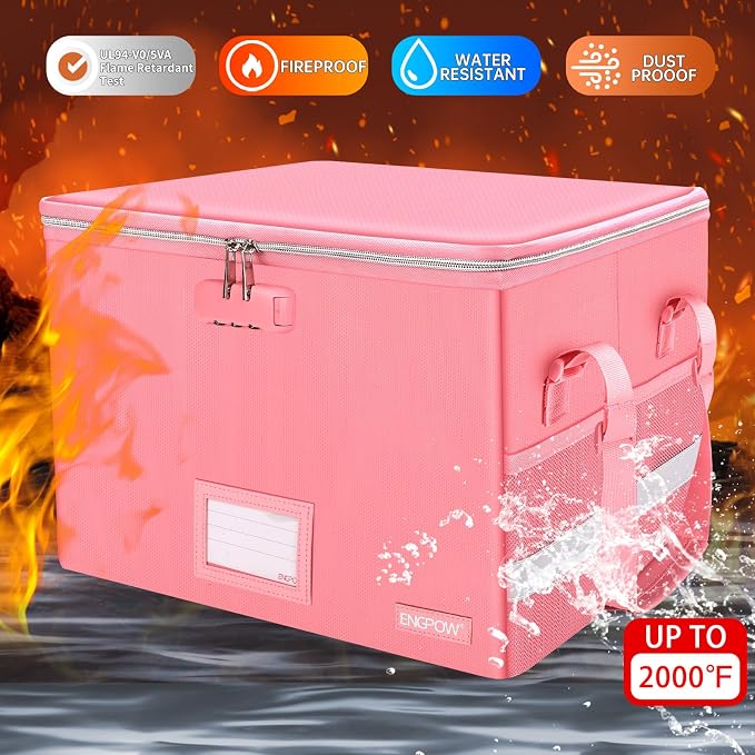 ENGPOW File Box with Lock, Fireproof Document Box with Pockets, Collapsible - Image 3