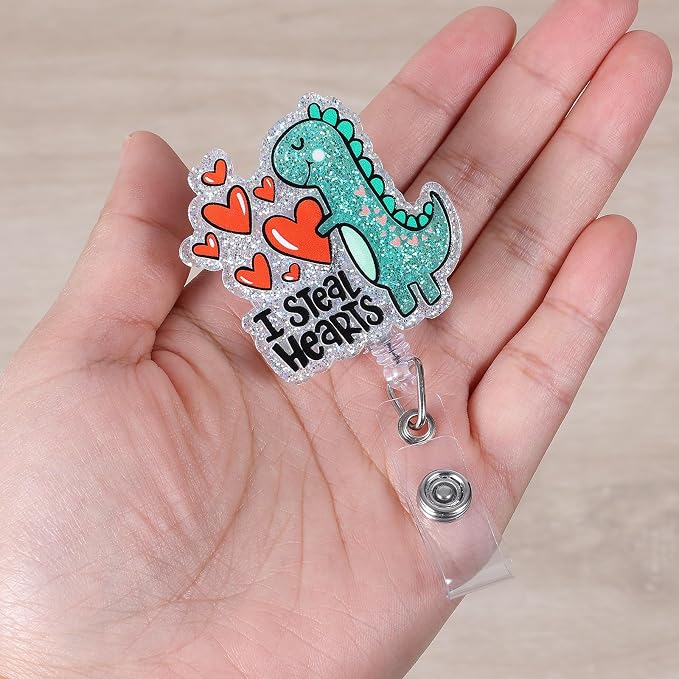I Steal Hearts Cute Dinosaur Badge Reel, Retractable ID Card Funny Badge Holder - Image 3