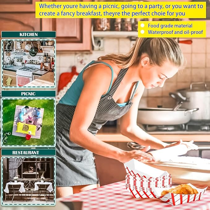 100 Pack 3lb Paper Food Trays, Disposable Greaseproof Kraft Checkered Carnival - Image 7