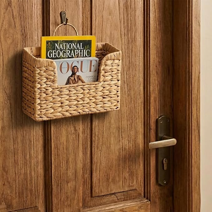 Set of 2 Magazine Holder Wall Basket Water Hyacinth Woven Mail Organizer - Image 7
