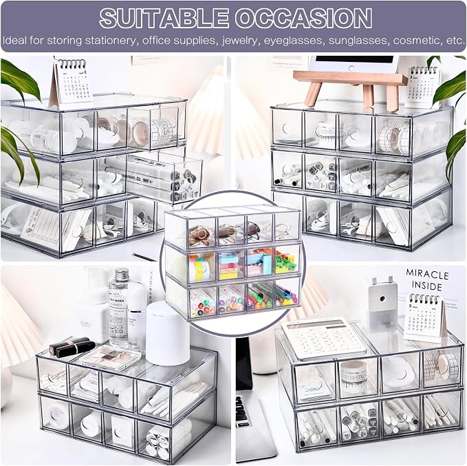 Desk Organizer with 12 Drawers, FODIENS 3 Packs Stackable Desktop Storage Box - Image 7