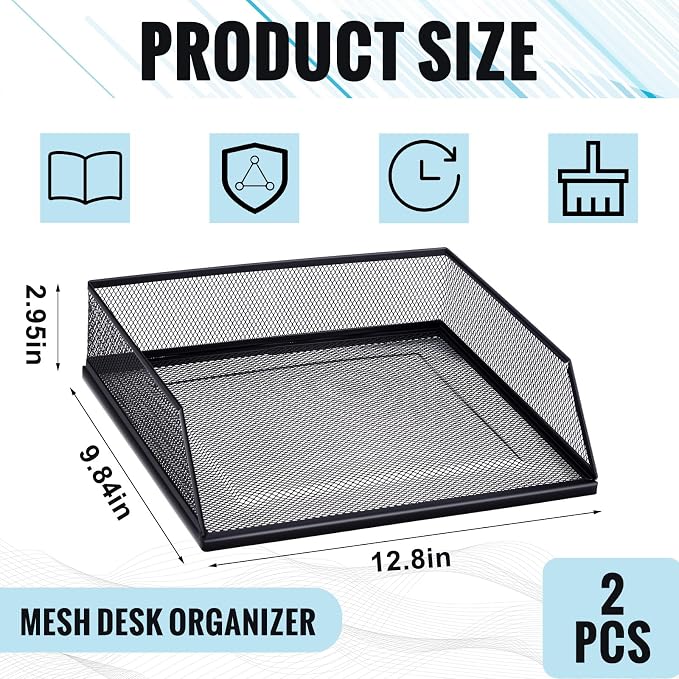Hicarer 2 Pcs Black Metal Letter Tray Stackable Desk Tray Single Wire Mesh - Image 3