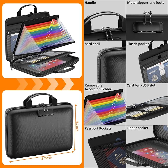 Fireproof File Organizer with Lock, Hard Case Fireproof Document Box with 13 - Image 4