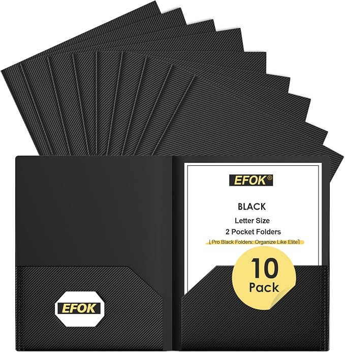 10 Pack Heavy Duty Black Plastic Folders by EFOK