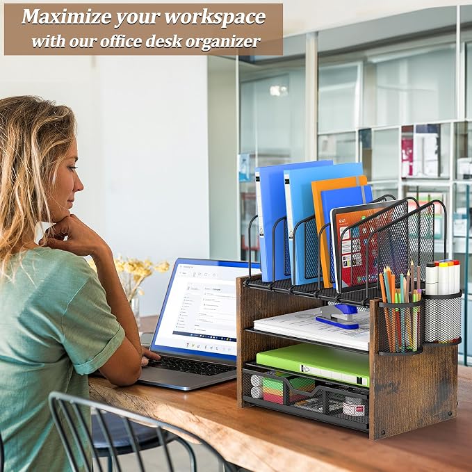 DAOUTIME 4-Tier Mesh Desk Organizer, Wooden Desk File Organizer - Image 2