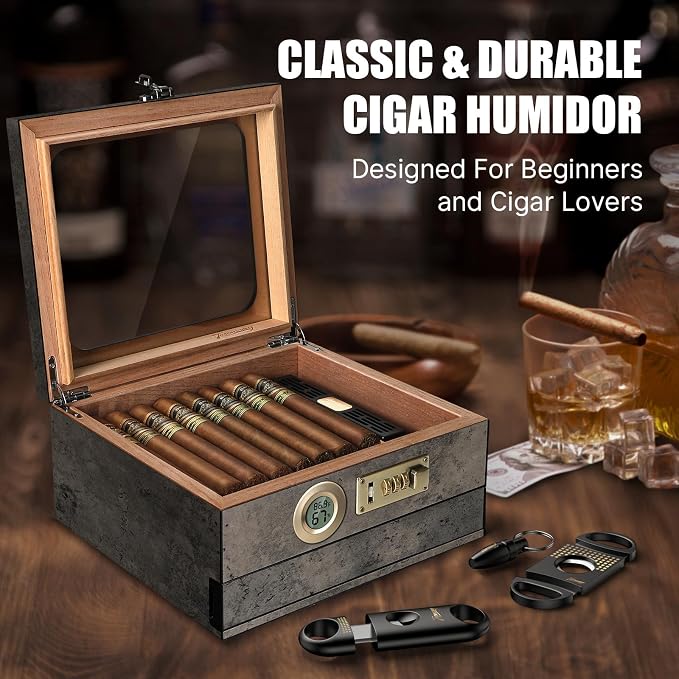 Tesonway Cigar Humidor, Cedar Wood Humidor Cigar Box, Glass Top Desktop Humidor - Image 8