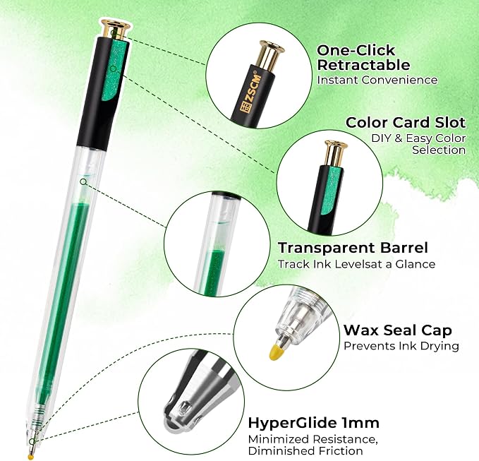Retractable Glitter Gel Pens, 12 Colors Large Capacity Green Glitter Metallic - Image 2