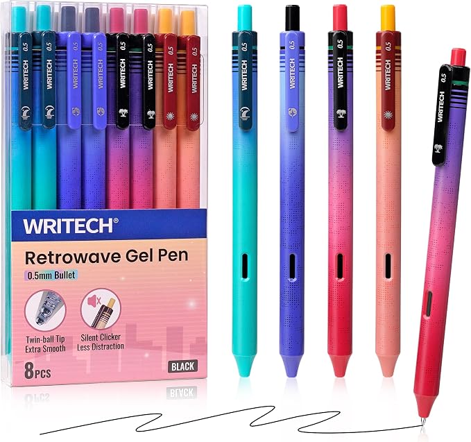 WRITECH Black Ink Gel Pens: 8-Pack Retrowave 0.5mm Fine Point Pens - Image 9