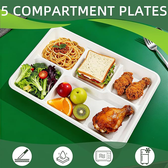 WELLIFE 100% Compostable 5 Compartment Paper Plates, 100 Pack Disposable School - Image 3