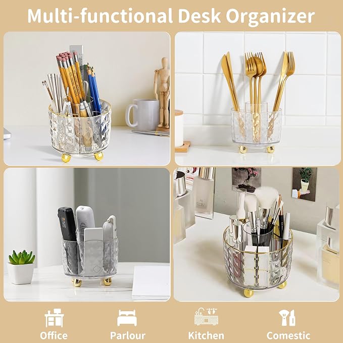 Gold Desk Accessories, Office Desk Organizers and Accessories 360°Pen Holder - Image 4