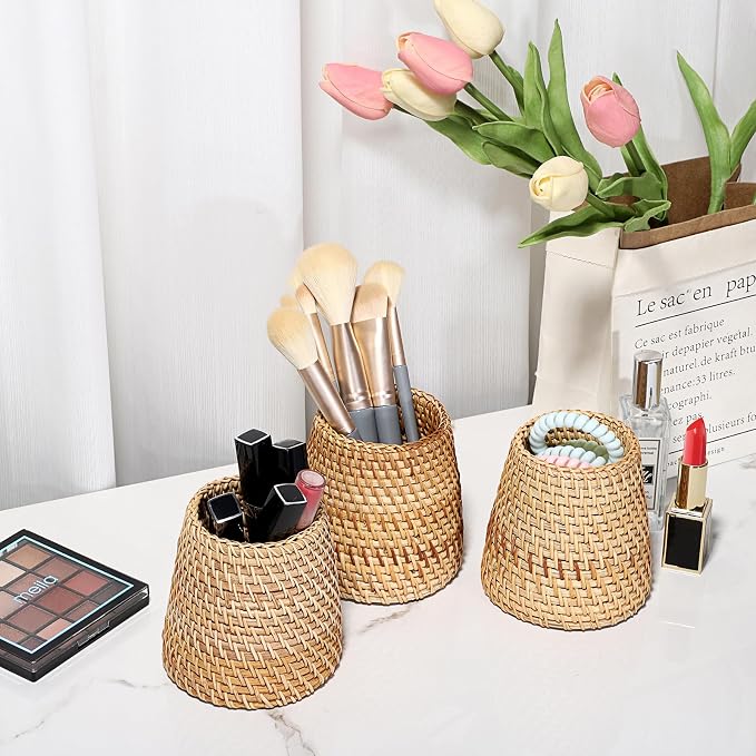 BTSKY 3 Pack Rattan Pen Cup, Handmade Desk Pencil Holders Makeup Brush Holder - Image 7