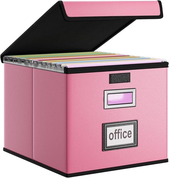 File Organizer Box with Lid, Collapsible Leather File Folder Organizer by Huolewa