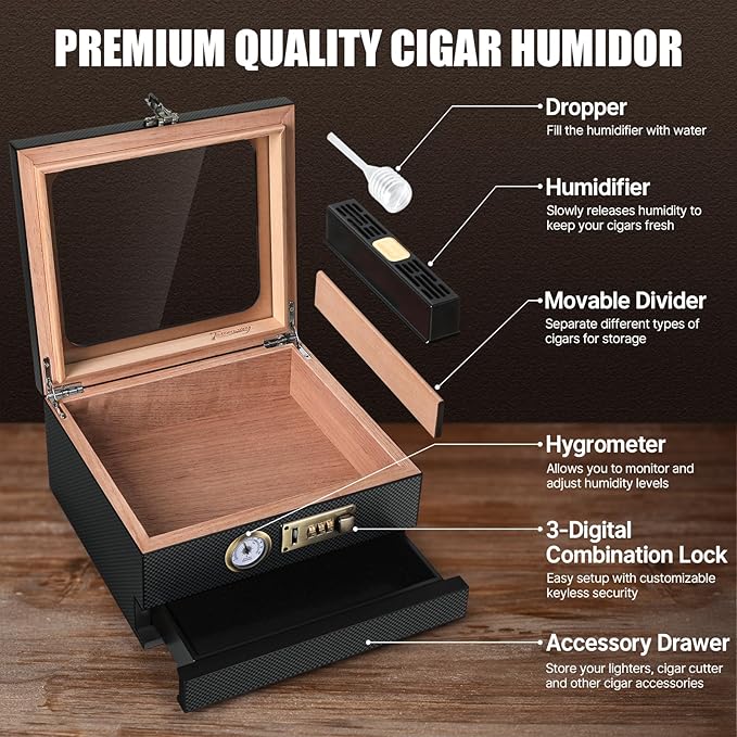 Tesonway Cigar Humidor, Cedar Wood Humidor Cigar Box, Glass Top Desktop Humidor - Image 2