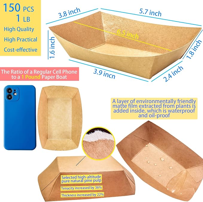 150 Pack 1 lb Food Serving Trays, Small Kraft Paper Oil-Proof Food Disposable - Image 2
