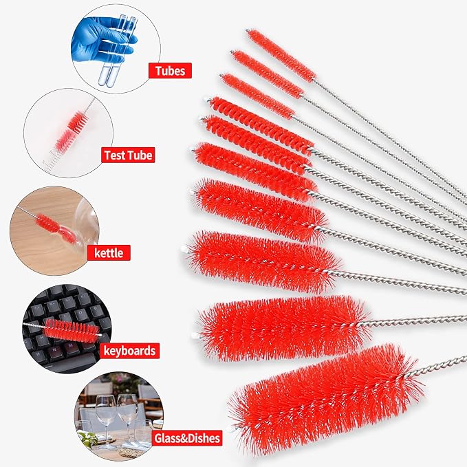 CiaraQ Bottle Cleaning Brushes, 8 Inch Nylon Tube Brush Set | Red Cleaner - Image 2