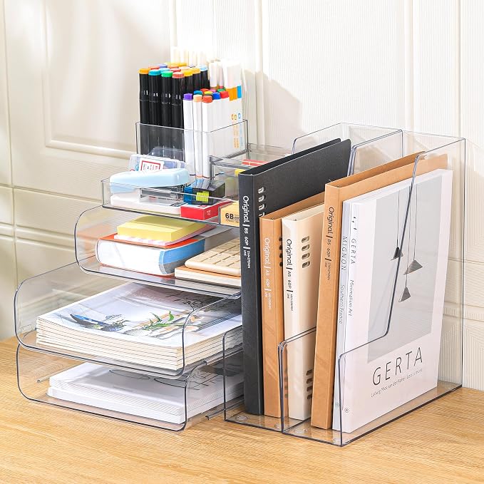 CiWiVOKi Desk Organizer with 2 Vertical File Holder, 4 Tier Stackable Paper by CiWiVOKi
