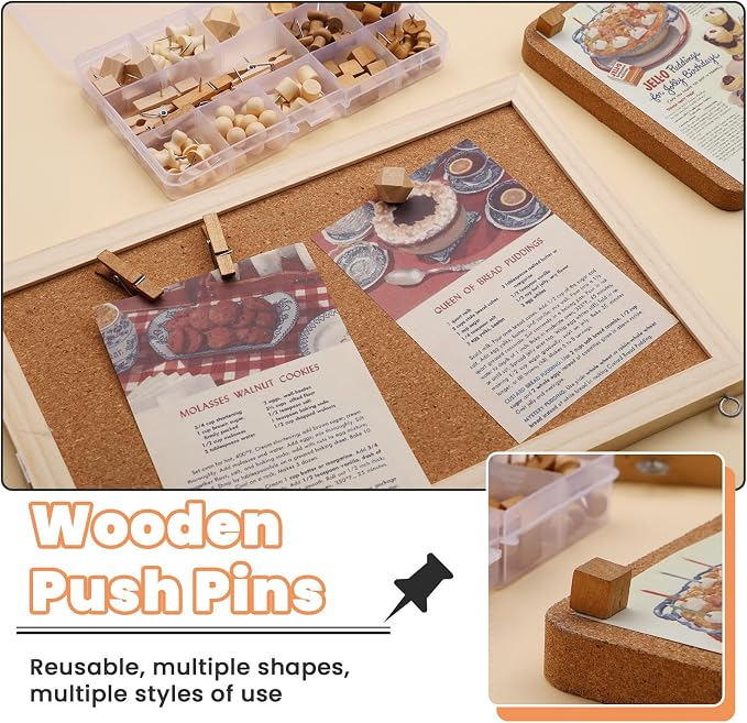 TLKKUE 118 Pieces Wooden Push Pins, 7 Style Wood Push Pins Decorative Thumb - Image 5