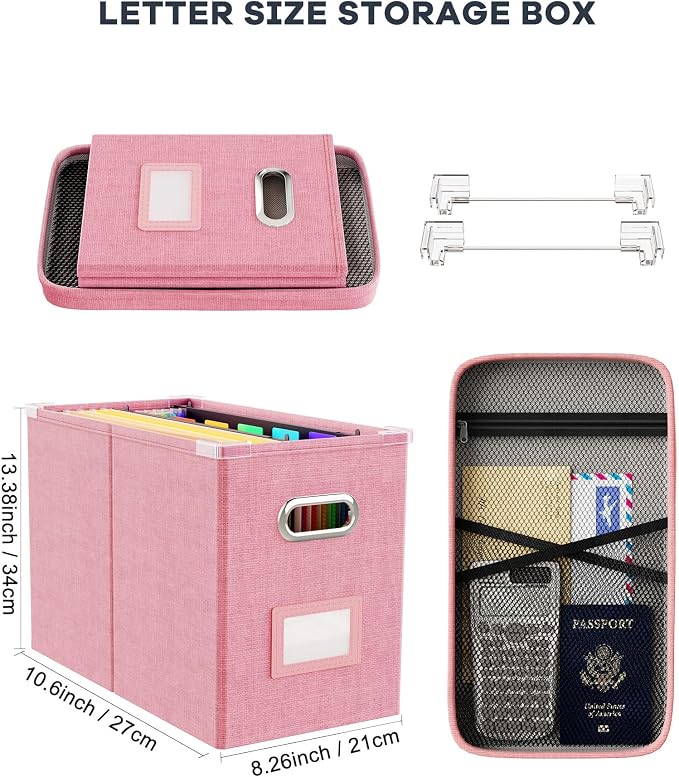 Oterri File Organizer Box with Lid, Hanging Filing File Box with Mesh Pocket - Image 2