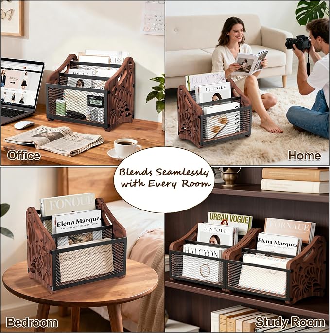 Magazine Holder, 3-Compartment Magazine Rack Floor, Wood Magazines File Holder - Image 3