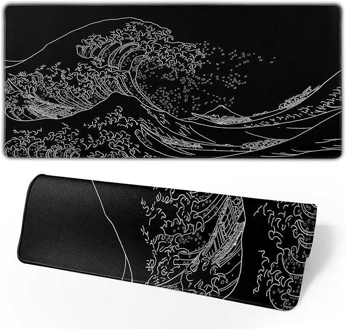 Japanese Sea Wave Large Mouse Pad, Anime Black Gaming, Extended Kanagawa Mat by Brecoy
