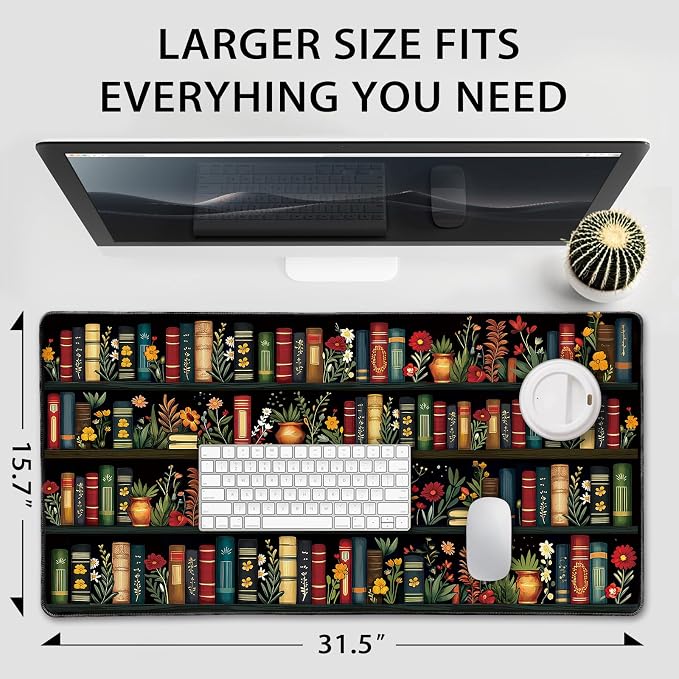 Vintage Library Bookshelf Large Gaming Mouse Pad 31.5"x15.7"｜ Flower XXL Desk - Image 4
