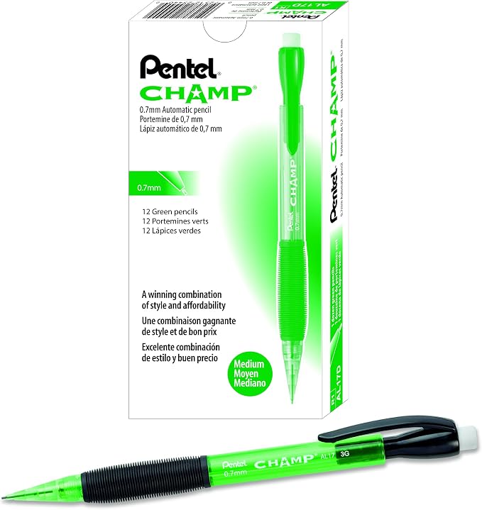 Pentel CHAMP Mechanical Pencil Mechanical Pencil, Tinted Green Barrel, Box of 12 by PentelofAmerica