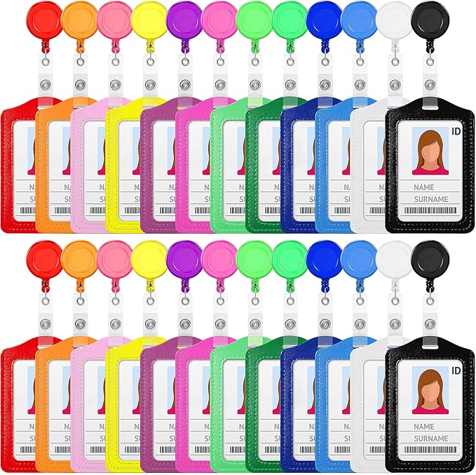 24 Sets Retractable Badge Reels Multicolor Name ID Card Holder PU Leather by Tenare