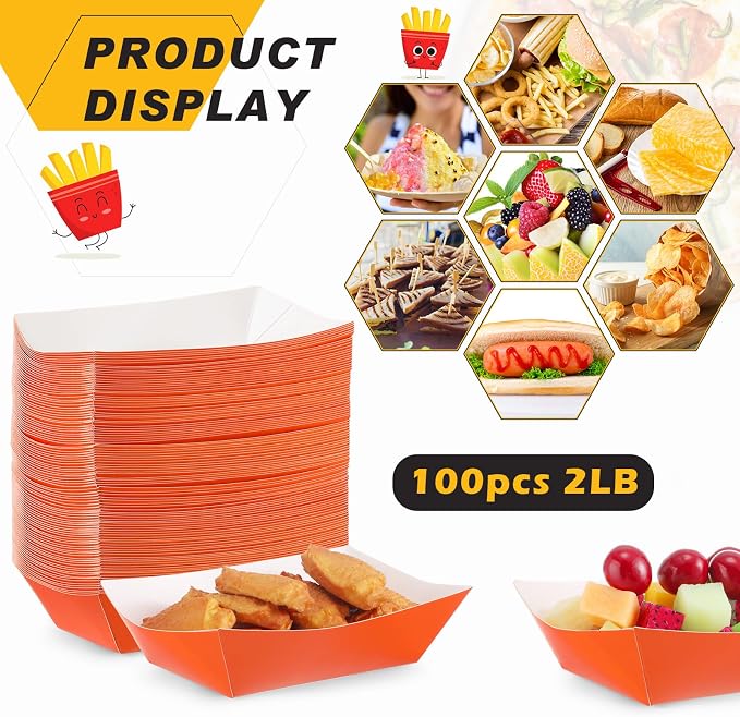 Yinkin 100 Pcs 2lb Paper Food Trays Boat 2lb Disposable Nacho Trays Kraft Paper - Image 3
