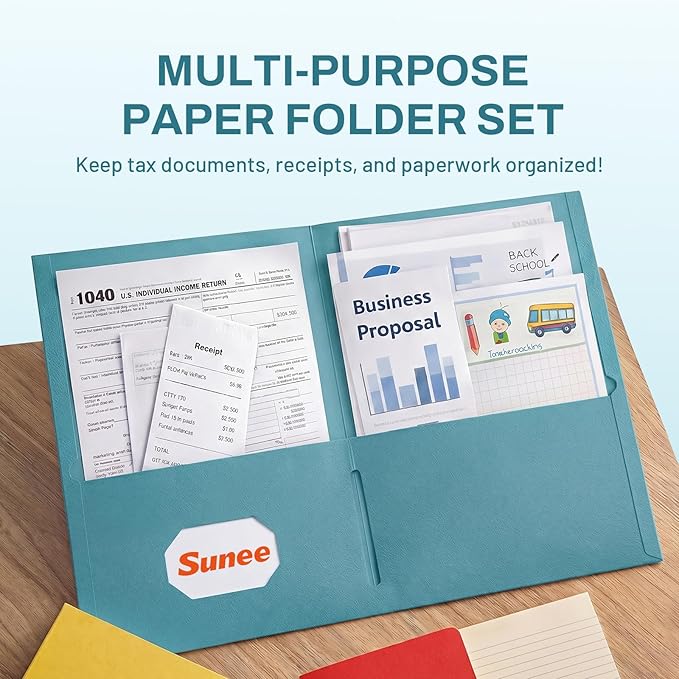 SUNEE Folders with Pockets, 2 Pocket Folders Fit Letter Size Paper, Paper File - Image 2