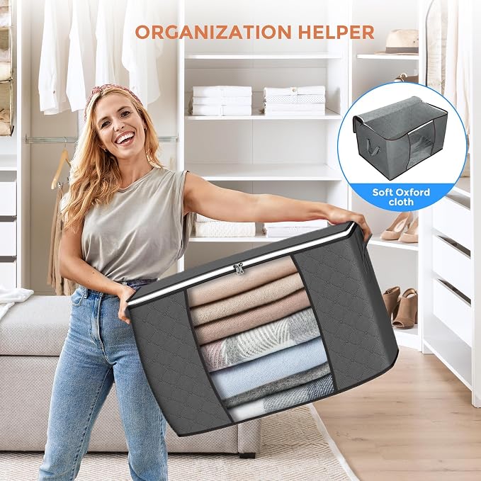 90L Large Storage Bags, 6 Pack Clothes Storage Bins Foldable Closet Organizers - Image 6