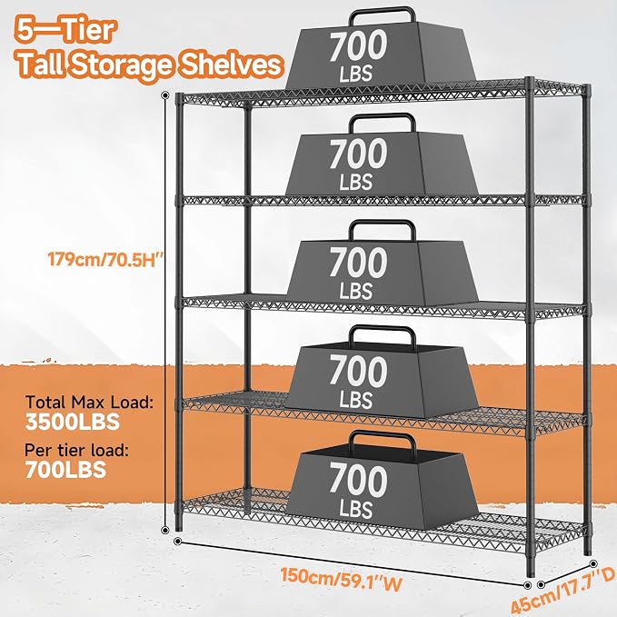 M MZG 3500LBS 59" W 5 Tiers Storage Shelves, Metal Shelving Wire Metal Shelving - Image 3