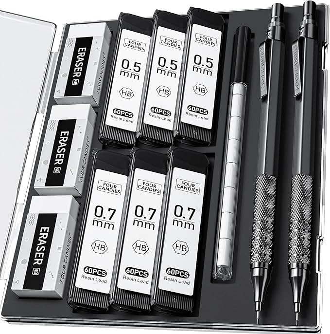 Four Candies 2PCS 0.5mm & 0.7 mm Metal Mechanical Pencils Set, 12 Erasers by FourCandies