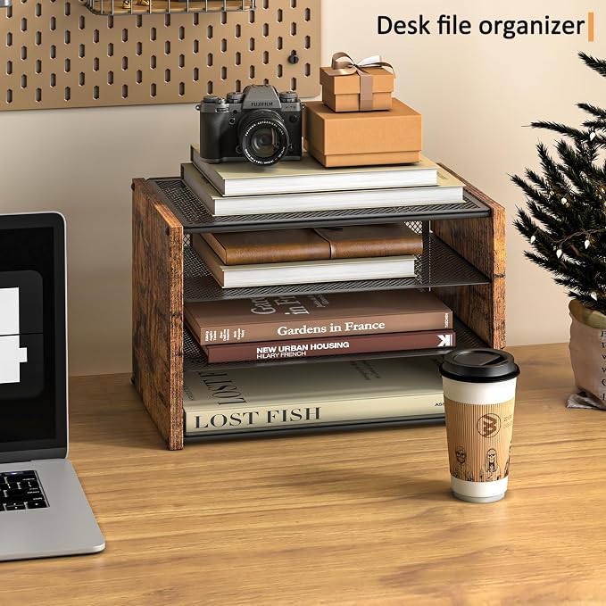 DAOUTIME 3-Tier Paper Letter Tray, Wooden Desk File Organizer, Stackable Metal - Image 5
