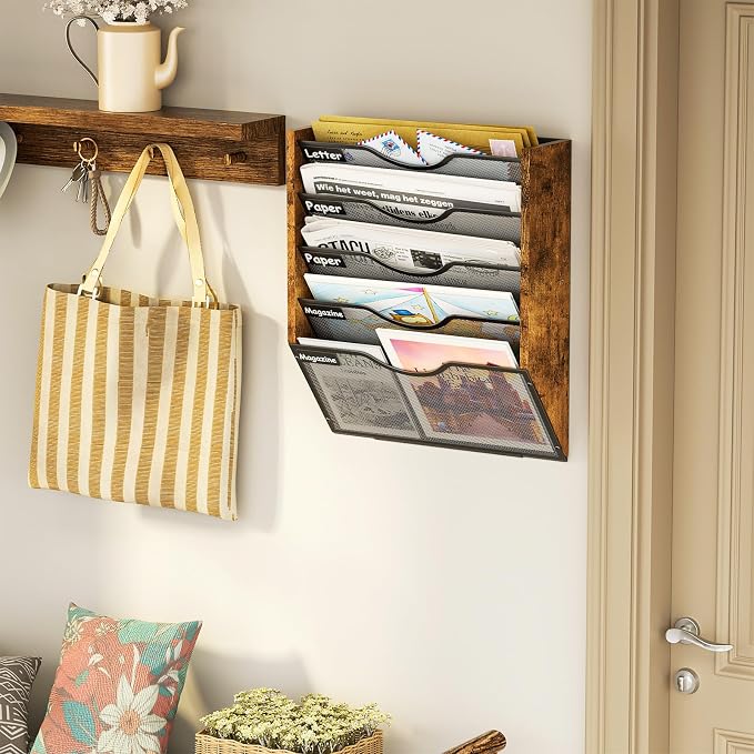 Ironwood Hanging Wall File Organizer, 5 Pocket Mesh Mail Organizer Wall Mounted - Image 4