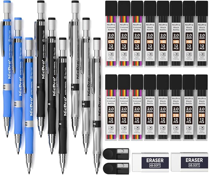 Nicpro 29 Pieces 2mm Mechanical Pencil Set, 2 Erasers, 2 Sharpener by Nicpro