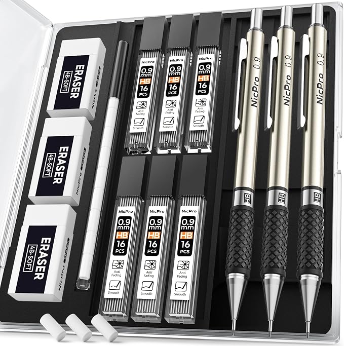 Nicpro 0.9 mm Art Mechanical Pencil Set in Storage Case, 3 Erasers by Nicpro