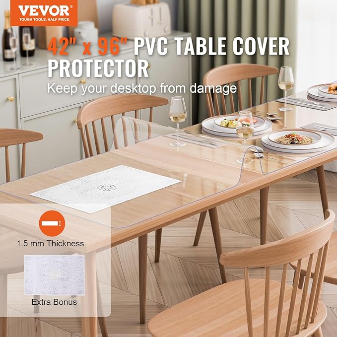 VEVOR Plastic Table Cover, 42 x 96 Inch 1.5 mm Thick Clear Rectangle PVC Desk - Image 2