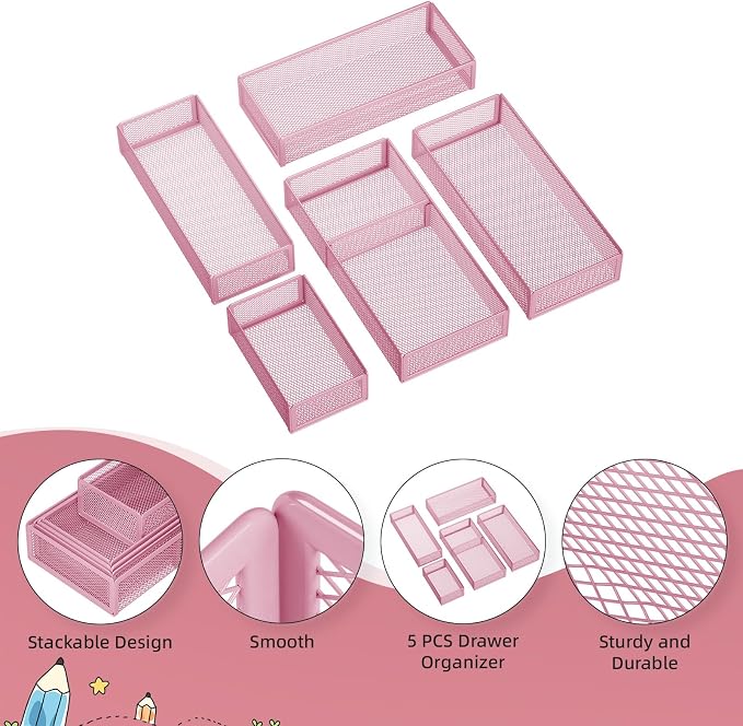 Marbrasse 5 Pack Desk Drawer Organizer Set, Mesh Drawer Storage Trays - Image 5
