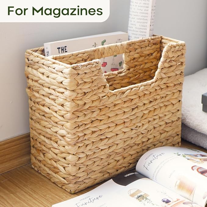 CHI AN HOME Wicker Magazine Basket, Handwoven Water Hyacinth Storage Bin & - Image 3