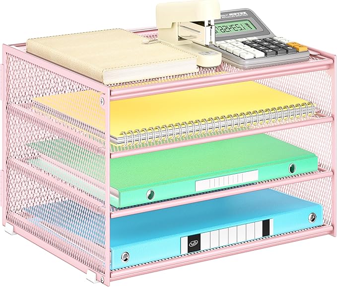 Lavatino 3-Tier Letter Tray Desk Paper Organizer – Pink Mesh Metal File Tray by Lavatino